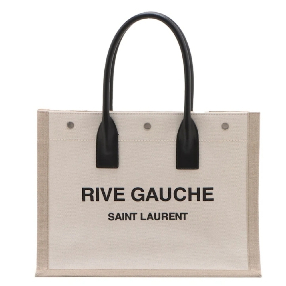 Saint Laurent Rive Gauche New North South Tote in Black Tan Ivory Canvas Leather
